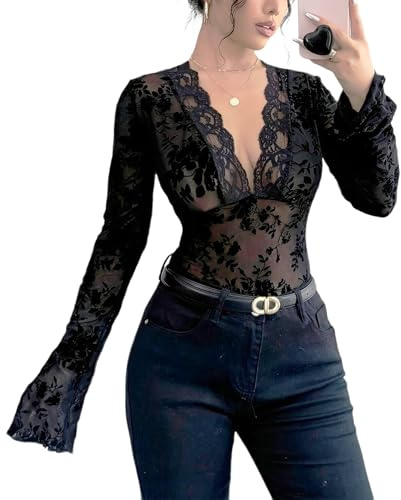 LEBOOBELL Camicetta da Donna con Maniche Campana Pizzo Motivo Floreale Maniche Lunghe Scollo a V Top Sexy Nero M