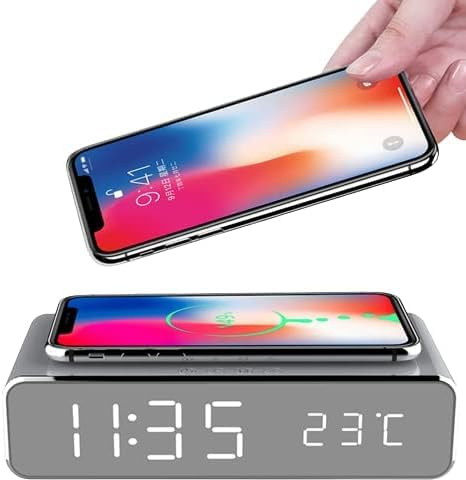 NobleNookich Wireless Charging Alarm Clock with LED Display | 5W Charger for Phones, Digital Clock with Temperature, Date, Dual Alarms, Stylish Bedside Desk Clock | Alarm Clock With Wireless Charging