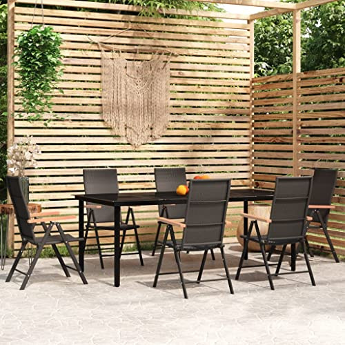 QJBSAVVA 7-TLG Balkon-Set Stahl/PE-Rattan/Glas 200x100x74 cm klappbar verstellbare Lehne Schwarz