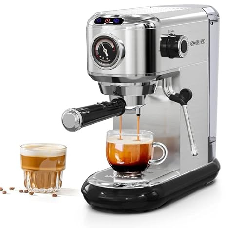 CAFELFFE Macchina per caffè espresso da 20 bar, in acciaio inox, con montalatte e manometro, per caffè macinato o cialde ESE, serbatoio acqua da 1,1 l, colore argento