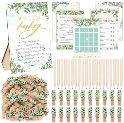 96 Pcs Greenery Baby Shower Game Kit Include 50 Baby Shower Game Card with Prediction Card 20 Pencils 25 Eucalyptus Clothespin 1 Don't Say Baby Sign Eucalyptus Party for Gender Reveal Party Favors