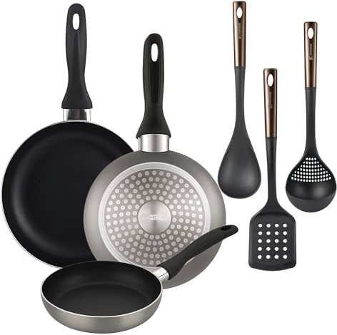 Well Home Set di 3 padelle Ø16Ø20Ø24cm in alluminio pressato in grigio metallizzato+ Set di 3 utensili da cucina in PBT nero e rame