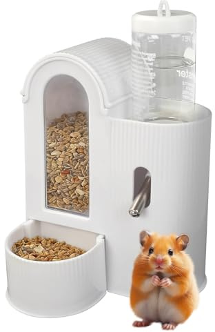 Mulaibdin Hamster Feeder, 2 in 1 Water Bottle Stand with Food Bowl, Automatic Water Bottle No Drip and Food Dispenser, Food 360ml & Water 80ml for Hamsters, Mice, Rats, Gerbils (White)