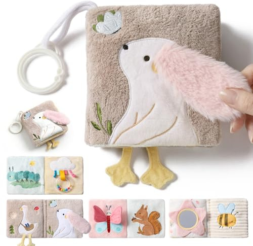 let's make Baby Sensorisches Stoffbuch Baby Spielzeug ab 0 3 6 12 Monate - Interaktive Fühlbuch Knisterbuch mit Spiegel Rassel, Kinderwagenspielzeug Baby Geschenk Junge Mädchen (Kaninchen-Stoffbuch)