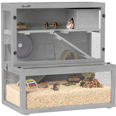 PawHut Holz-Hamsterkäfig mit Hütte, Rad, Rampen, 80 x 50 x 84 cm Grau | Großer Rennmauskäfig, 3-stöckiges Kleintiergehege mit herausnehmbaren Sichtfenstern