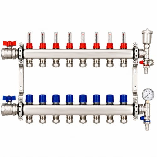 Underfloor Heating Manifold 8 Port Stainless Steel (16mm eurocones) | Stainless Steel, 1inch Ball Valves, Pressure Gauge, Automatic Air Vent, UFH System