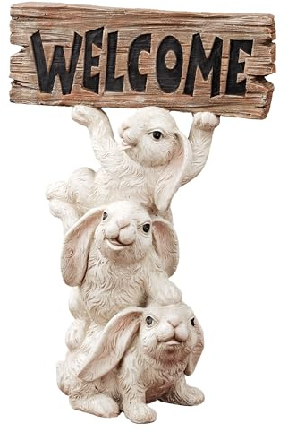 Touch of Class Bunnies Trio Welcome Sculpture - Resin - White, Brown - Indoor, Outdoor - Cute Smiling Hares for Entryway, Foyer, Hallway, Porch, Garden, Lawn, Yard
