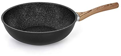 Barazzoni Granitica Extra Induction Wok ø28cm, Manico Eco Legno Rovere, Rivestimento interno innovativo Marmotech a 5 strati Effetto Pietra. Made in Italy, 85515612825