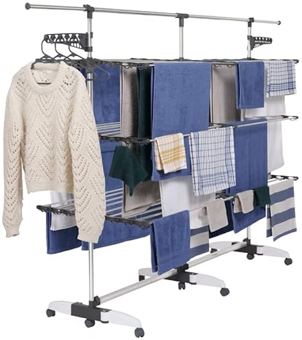 IDMarket - Séchoir à Linge Vertical Pliable 3 Niveaux Supra capacité 50M avec Tringle télescopique Blanc et Gris