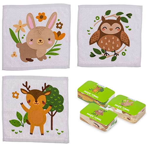 damaloo Asciugamani magici bambini 3 pezzi – Salviette compresse in cotone 30x30 cm – Asciugamano compatto da viaggio, scuola e asilo – Panni viso morbidi con simpatici animali