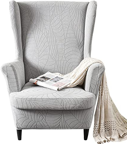 GKXLH 2 IN 1 Design Soft Stretch Wingback Chair Covers (Light Grey) | Pet-friendly Wing Chair Slipcover 2 Piece Set, Full Protection Wing Back Chair Cover Chair Protector for Living Room Hotel