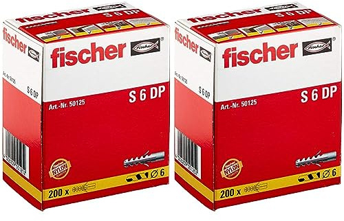 fischer S 6 DP - Spreizdübel mit 2-fach-Spreizung zum Befestigen von Bildern, Briefkästen in Beton,Vollziegel, und Naturstein uvm., Doppelpack - 200 Stück - Art.-Nr. 50125 (Packung mit 2)