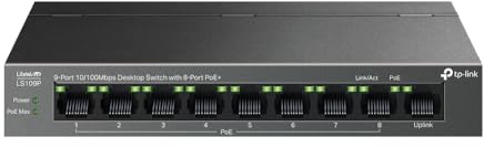 TP-Link 9-portars 10/100 Mbps skrivbordsomkopplare med 8-portars PoE+, Plug and Play, automatisk återhämtning, tyst drift (LS109P)