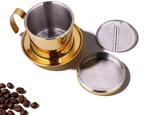 Vietnamesischer Kaffee Kaffeefilter, Tropfer Hersteller,Tropfkaffeefilter, Tragbare Kaffeemaschine Vietnamesischer Kaffee Set Origami Dripper Für Zuhause, Küche, Büro Im Freien(Gold)