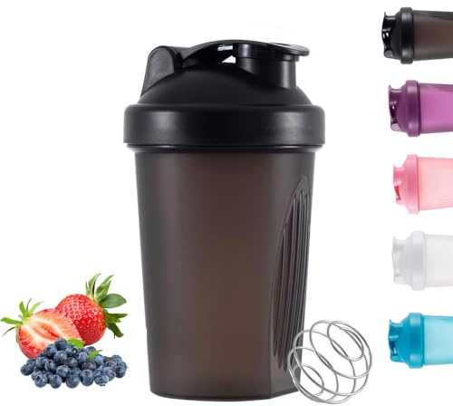 Basuit Protein Shaker Flasche, Shaker mit Edelstahl-Mischkugel, BPA- und DEHP-frei, spülmaschinenfest, auslaufsicherer Klappdeckel, schwarz, 400 ml (Schwarz)