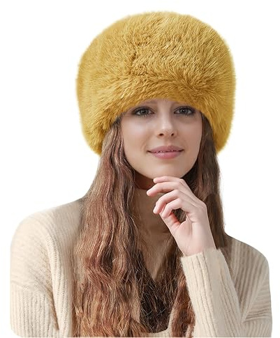 Lina & Lily Gorro Invierno Mujer Cossack de Piel Sintética Estilo Ruso (Amarillo Mostaza)