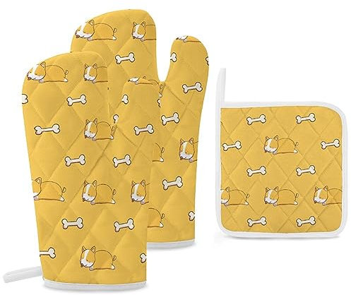Corgi Hunde-Ofenhandschuhe und Topflappen, weiße Knochen, heiße Pads, Wärme-Kochhandschuhe, Küche, Kochgeschirr, Backgeschirr, Grillen, 3-teiliges Set