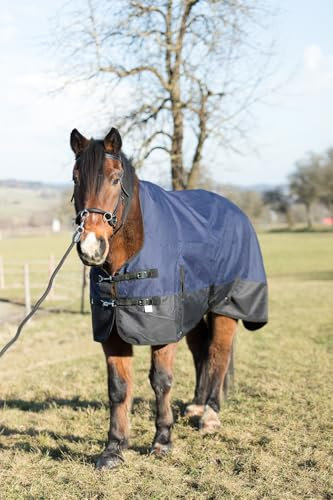 Winterdecke 200g 1200Denir Reißfest Weidendecke Wasserdicht Atmungsaktiv Highneck Gehfalte Bauchgurt Vorne Karabinerhacken Glattes Innenfutter (Marineblau(Navy)-Schwarz, 145 cm)
