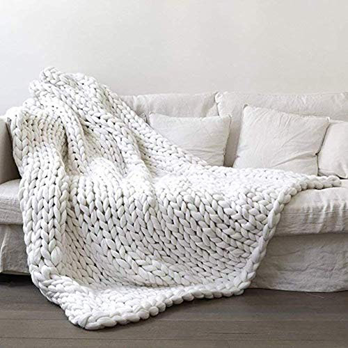 Handgefertigte grob gestrickte Wolldecke, grob gestrickt, Überwurfdecke für Sofa, Yogamatte oder Teppich, große weiche weiße Decke, 100 x 150 cm
