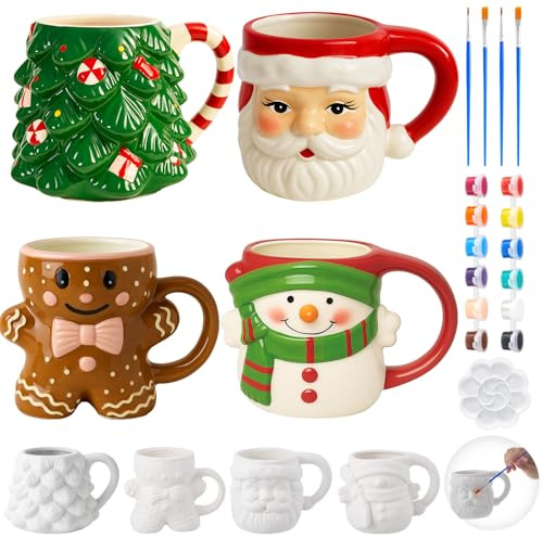 LOYIM Set mit 4 weihnachtlichen Bechern zum Bemalen Ihrer eigenen Weihnachtstassen, Keramik, zum Bemalen von Weihnachtsmann, Schneemann, Lebkuchenbaum, Bastelset mit Farben, Pinseln, Palette für