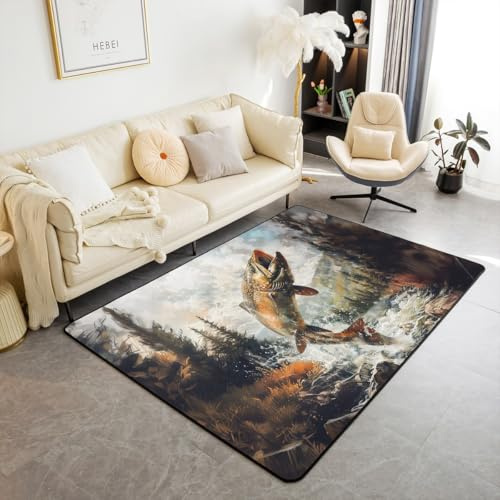 richhome Alfombra para sala de estar de 100 x 150 cm, diseño de lucio y caza, para niños, niñas, adolescentes, lubina, peces grandes, tapete para interiores, suave, antideslizante, decoración de cama