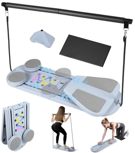 Faltbares Pilates-Board-Set für zu Hause, Pilates-Reformer-Maschine mit Timer-Zähler, Ganzkörper-Workout-Ausrüstung mit Bauch-Roller, horizontaler Stange, Knieschützer, Widerstandsbänder