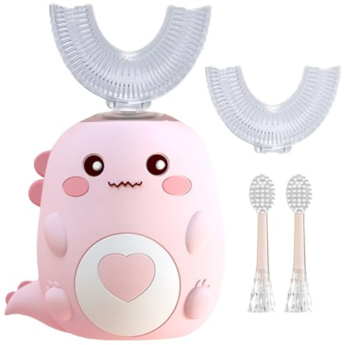PLAYIKO Kids U Shaped Electric Toothbrush with 4 Brush Heads, 360° Sonic Automatic Toothbrush with 3 Cleaning Modes, IPX7 Waterproof Cartoon Dinosaur Design (Ages 2-12)
