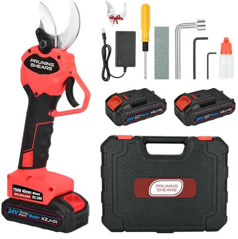 Secateur Electrique Sans Fil 40 mm: Secateur a Batterie, 3000 mAh x2, Antirouille SK5 Avec Verrouillage de Sécurité pour Jardinage, Fruitiers, Vignoble (Rouge)