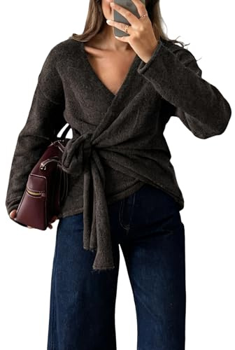 Watashi Women Casual V Neck Wrap Sweater Long Sleeve Cozy Self Tie Belted Knit Sweaters Fall Winter Outfits Cardigan(Brown-M)
