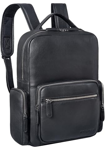 STILORD Polino Affärsryggsäck Herr Läder 15,6 tum Laptopfack XL Klassisk Läderryggsäck för arbete kontor universitet arbetsryggsäck laptopryggsäck äkta läder ryg Farbe:Svart