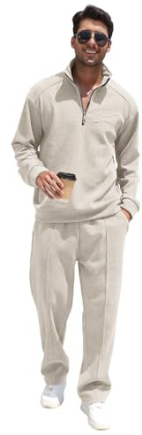 amropi Survêtement en Velours Côtelé pour Homme Sweat-Shirt doublés de Polaire et Pantalon Ensemble de Jogging Beige, M