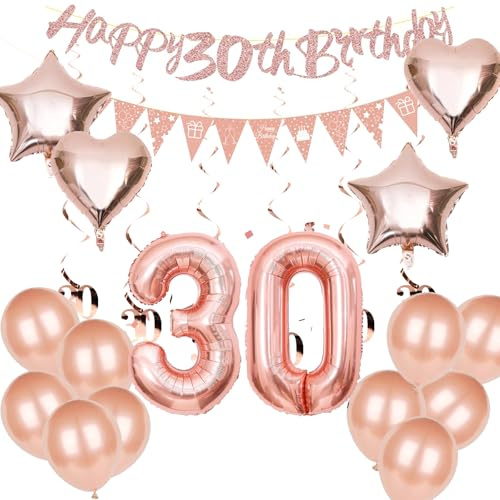 Deko 30 Geburtstag Frau - 17 Stück Geburtstagsdeko Roségold, Sterne und Herzballons, Sweet 30 Deko Luftschlangen Rosegold,Frau Girlande Spiralen, Happy Birthday Banner Deko zum 30 Geburtstag Frauen