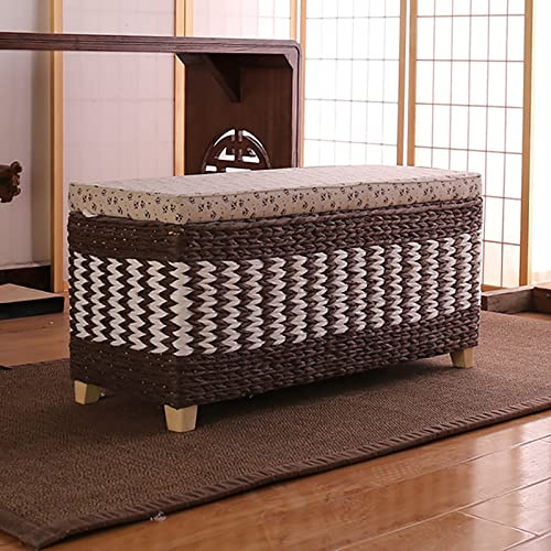 Banco de almacenamiento rústico de ratán marino – Baúl de mimbre tejido para sala de estar, dormitorio, entrada – Elegante banco de zapatos reposapiés mesa de café – 60 x 30 x 40 cm