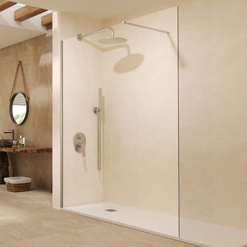 IMEX - Fast duschvägg i nickel 60 cm frontalt med hållarm | Duschvägg av antikalkglas och aluminiumprofil med 200 cm höjd | Glas med 8 mm tjocklek och enkelt monteringssystem