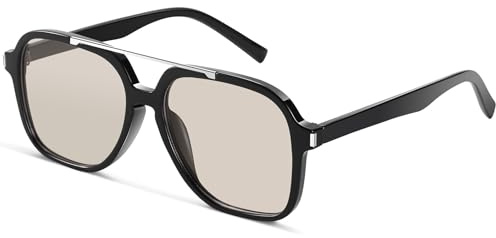 A LONG Trendy Aviator Sunglasses for Women Men Classic 70s Retro Double Bridge Square Pilot Sun glasses Vintage Shades A2258 (C1 Black/Light Brown)
