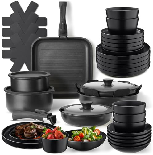 tectake® Set cucina 41 pezzi x 6 persone, stoviglie e pentole, 24 pcs tra piatti e ciotole, x microonde e lavastoviglie, 17 pcs tra padelle, grill, coperchi pentole manici removibili - Nero/Tortora