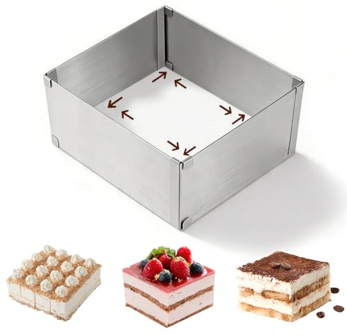 yolzhxe Backrahmen Quadratisch Verstellbar, 16x16 a 27x27 CM, Hoher 10 CM | Backrahmen Rechtquadratisch, Edelstahl Kuchenform quadratisch zum Backen und Zubereiten von Moussetorten