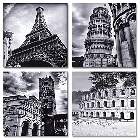 Wieco Art - Architectures Modern 4 Panels Giclee Canvas Prints Europe Buildings Black and White Landscape Pictures Paintings on Canvas Wall Art Ready to Hang for Bedroom Home Office Decorations