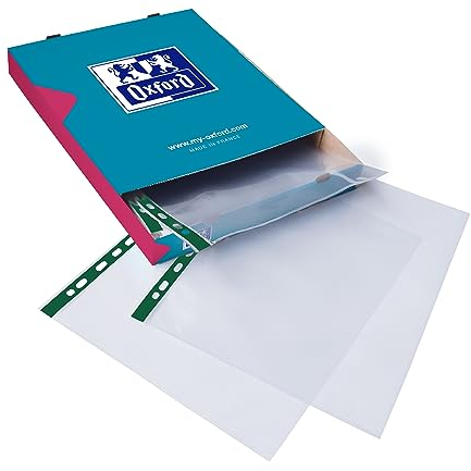 Oxford Heavy Duty A4 Punched Poly Pockets, Glass Clear, Box of 100 Extra Strong Plastic Wallets