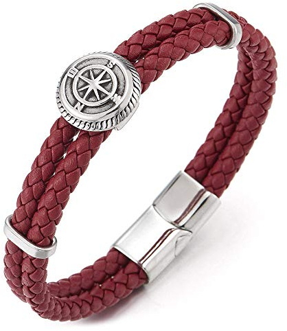 iMECTALII Herren Damen Rot Geflochtenem Leder Doppel-Lap Armband mit Edelstahl Kompass Bettelarmband mit Charme