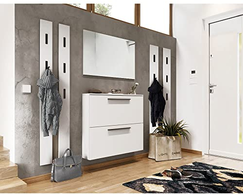 Lomadox Komplett Garderobenmöbel Set in weiß, 6-teilige Flurgarderobe mit 100cm Schuhschrank & Spiegel, 4 Garderobenpaneelen