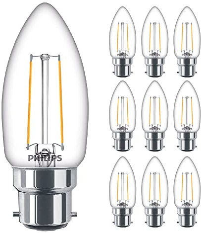 10 Pack - Philips Classic LED Clear Filament Candle 2W (25W) B22 BC Large Bayonet Cap 2700k Warm White | 250 Lumen | 15000 Hours | Car Air Freshener Included | 80+ CRI (PHP-CAN-L-10PK)