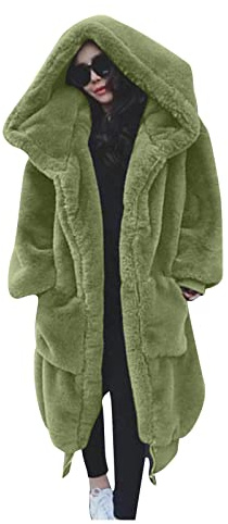 L9WEI Faux Fur Coat - Women's Oversized Faux Fur Coat with Hood, Elegant, Warm Plush, Loose Winter Coat, Green, M