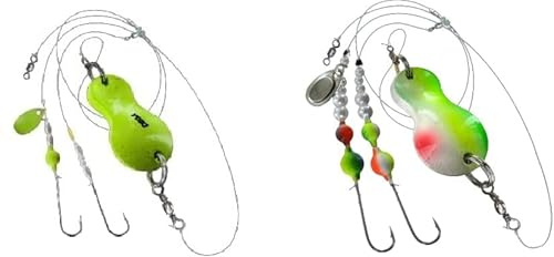 blntackle76 Set 2 Stück Buttlöffel von Jenzi Plattfisch Blinker montiert 80 Gramm gelb Glitzer, 80 Gramm grün/weiß/rot und + gratis Petri Heil! Aufkleber