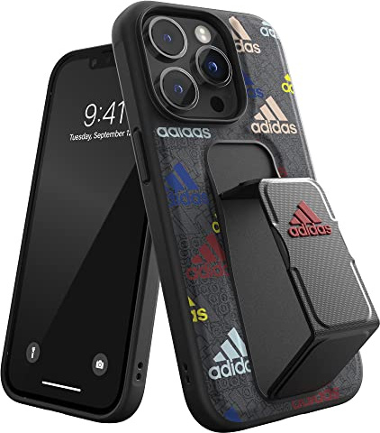 Adidas Schutzhülle für iPhone 14 Pro mit Handygriff und Ständer | Fallschutz und Handschlaufe | kabelloses Laden kompatibel | 6,1 Zoll buntes Sport-Logo-Design | schützende Handy-Abdeckung