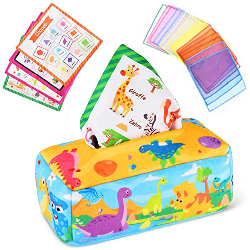 Vicloon Baby Tissue Box Spielzeug - Montessori Sensorik Spielzeug Mit 4 Crinkle-Papier und 15 Bunte Seidenschals - Für Babys Ab 6 Monate - Dinosaurier Stil