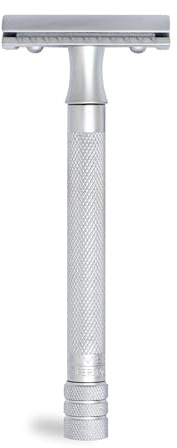MERKUR Maquinilla de afeitar cromada mate satinado 22C, de tres piezas con corte recto, peine cerrado, ideal para afeitado en húmedo, zinc fundido a presión, mango de latón, fabricado en Alemania