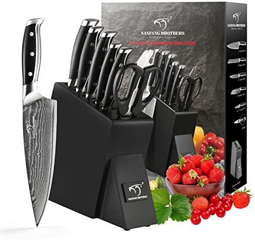 NANFANG BROTHERS Messerset, 7-teiliges Damaskus-Küchenmesserset mit Block, VG10-Stahlkern mit HRC 60 ± 2 Härte, mit Kochschere, perfektes Messerset-Geschenk