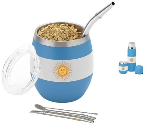 Aurum® Mate Argentino, Yerba Mate, Vajillas Completas Modernas, Te Matcha Kit, Bombilla, Yerba Argentina, Taza Calabaza, Termo Mate (Bandera Argentina)