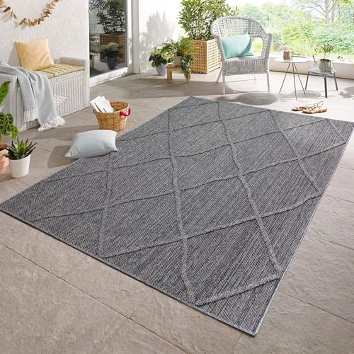 Carpetsale24 In & Outdoor Bouclé Teppich wetterfest Grau 200x290 cm Skandinavische Boho Design 3D Hoch Tief Effekt ideal für Wohnzimmer Terrasse oder Garten